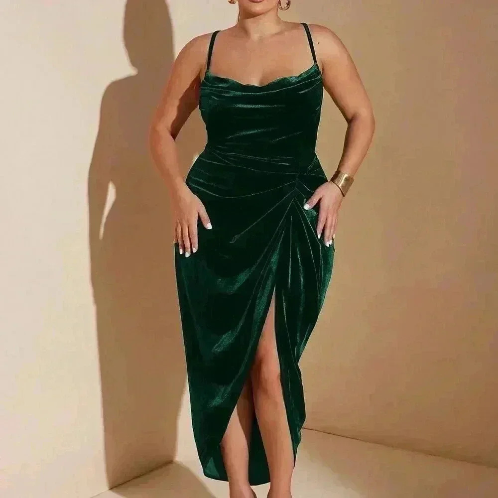 Dark Green Party Women's Plus Size Draped Neck High Slit Ruffle Hem Velvet Dress